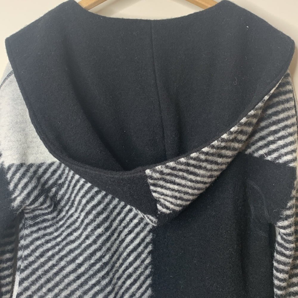 Kenar | Black White Wool Blend Color Pattern Block Hooded Cardigan Duster Coat S - Picture 4 of 16